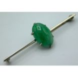 A white metal jade bar brooch, tests electronicall