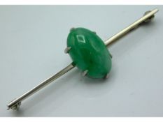 A white metal jade bar brooch, tests electronicall