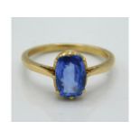 A yellow metal ring set with sapphire, tests electronically as 18ct gold, size N, 2.8g, sapphire siz