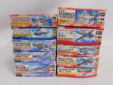 Ten boxed Hasegawa 1:48 scale model aircraft kits,