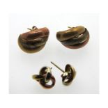 Two pairs of three colour gold earrings, one lacki