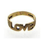 A 9ct gold 'Love' ring, 1.4g, size J