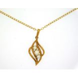 A 9ct gold 16in long chain with pearl set 27mm drop pendant, 2.1g