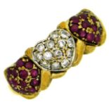 A 9ct gold ring set with ruby & diamond in heart s