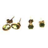 Two pairs of peridot set earrings, one a/f, 0.8g