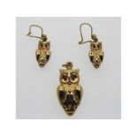 A pair of 9ct gold novelty owl earrings with match