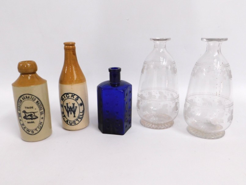 A Bristol blue hexagonal chemist bottle, two antiq