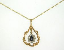 A 9ct gold chain with diamond & sapphire pendant,