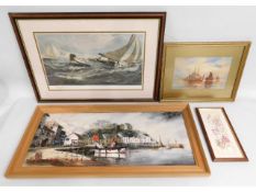 A Terry Burke harbour oil, a Bate watercolour of sailboats, a C. N. Henry signed limited edition pri