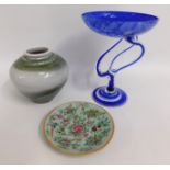 A Cornish studio vase by Zane Hazeldine, an enamelled Chinese plate & a blue tazza, 10.75in tall