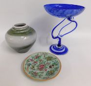 A Cornish studio vase by Zane Hazeldine, an enamelled Chinese plate & a blue tazza, 10.75in tall