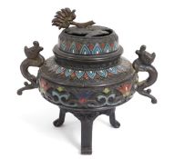 An antique bronze Oriental cloisonne censer, finia