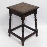 An oak hall table with carved decor & turn legs, 2