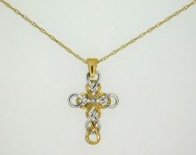 A chain with two colour gold knotted cross set with diamond, 18in long, 28mm drop, 2,2g