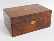 A 19thC. stained walnut box with satinwood inlay,