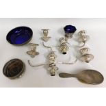 A silver backed brush, two blue glass lined plated bowls & part of a silver plated candelabra a/f