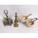 Three stoneware mortar & pestles, a pair of 19thC.