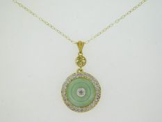 A 9ct gold chain with Oriental diamond & jade set