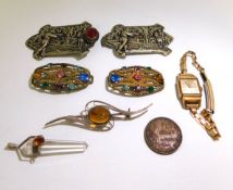 A silver & amber brooch, a ladies Bentima wristwatch, two belt buckles & a rock crystal pendant