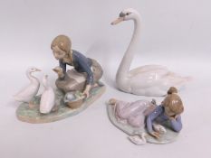 Three Lladro figures: Swan 5230; girl with geese 4