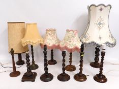 A quantity of table lamps including barley twist,