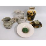 A St. Ives studio pottery jug, a Kyra Kelland apple in dish, three Porthleven pottery jugs & a Maggi