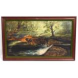 An oil painting of woodland river scene by Anthea Libby, image size 35.25in x 19.25in