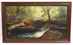 An oil painting of woodland river scene by Anthea Libby, image size 35.25in x 19.25in
