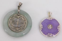 A white metal mounted Chinese lavender jade pendan