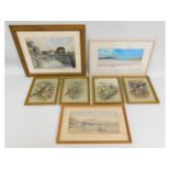 Four Basil Ede bird prints, an E. H. A Barker watercolour, possibly a Cornish fishing village scene,