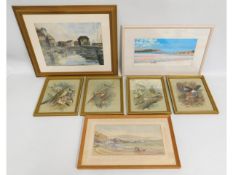 Four Basil Ede bird prints, an E. H. A Barker watercolour, possibly a Cornish fishing village scene,