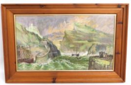 A framed harbour in rough seas painting by Polperr