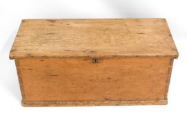 A 19thC. pine trunk with decorative brass handles,