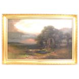 A Victorian Romany scene oil painting, indistinctl