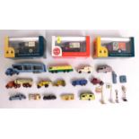 Three boxed Lledo diecast vans twinned with play worn diecast vehicles including Lesney, Matchbox &