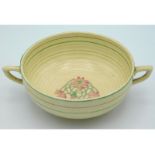 A Clarice Cliff soup bowl with two handles, floral