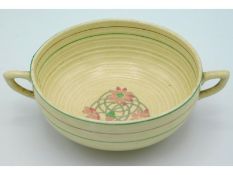 A Clarice Cliff soup bowl with two handles, floral
