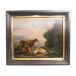 Dutch school oil on canvas of milk maid & farm animals within landscape, image size 16.5in x 13.5in