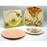 A Clarice Cliff 'Rhodanthe' plate, small chip, a Biarritz plate & two other Clarice Cliff plates, la