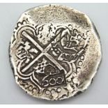 A 17thC. Spanish silver cob coin, 36mm at widest,