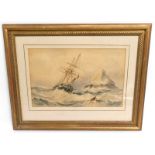 A 19thC. watercolour of 'ship anchored off a rock'