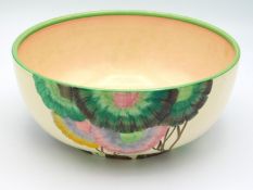 A Clarice Cliff 'Rhodanthe' pattern bowl, 7.75in d