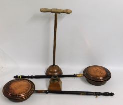 Two copper bed warmers, a copper lamp base & a Sim