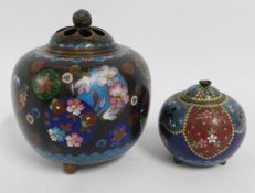 Two Oriental cloisonne pots with covers, largest 5