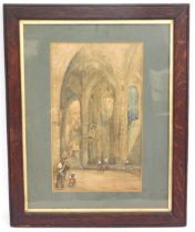 A 19thC. oak framed picture, possibly a hand finished print of an interior of a cathedral, indistinc