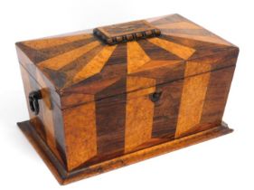 A 19thC. inlaid sarcophagus shaped tea caddy, minor faults, 13in wide x 8in deep x 7in high. Ivory e
