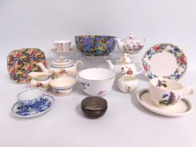 A chintz ware bowl twinned with Doulton commemorative Edward VII tea ware a/f, & including items by