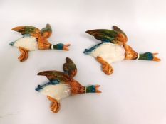 Three Beswick flying ducks, nos. 596-2, 596-3 (repair to wing), 596-4, largest 8.5in wide