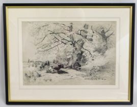 A 19thC. pen & ink sketch of folk with cattle in r