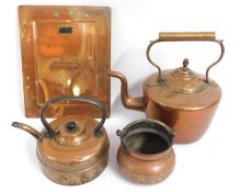 A Georgian copper kettle, an Asian copper pot, one